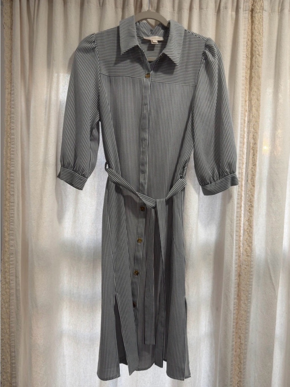 Striped Button-Front Shirt Dress with Tie Belt - Blue/White